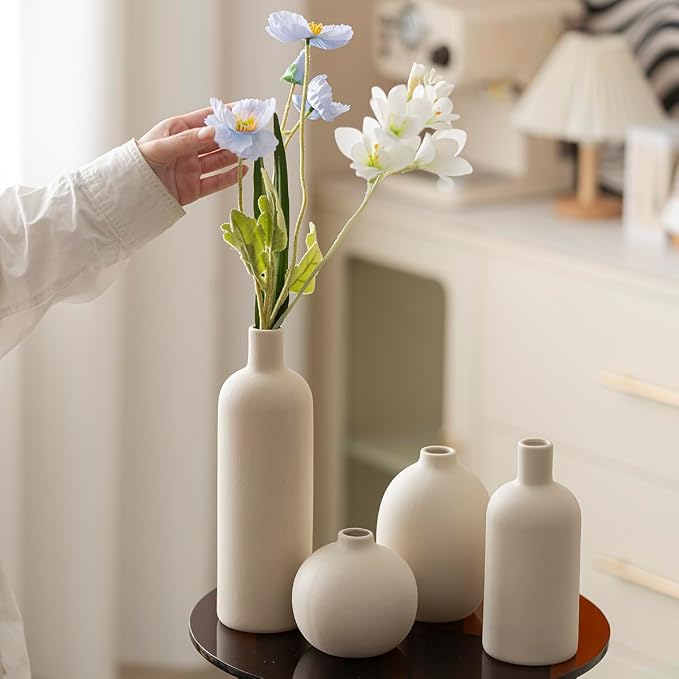 Modern Ceramic Vase Set, Neutral Colors, Decorative Vases for Home Decor, 4 Piece Collection (Beige) - Image 6