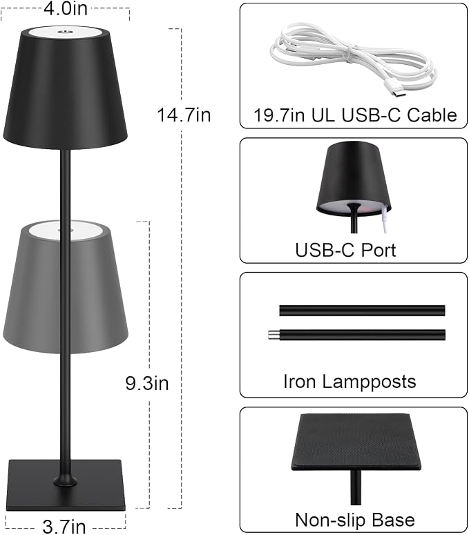 Kakanuo Cordless Rechargeable Table Lamp Black 5000mAh Battery Operated Lamps, 3 Colors Stepless Dimming Touch Lamp for Dining, Living Room, Outdoor Patio, Kitchen Counter, 4 Pack - Image 5