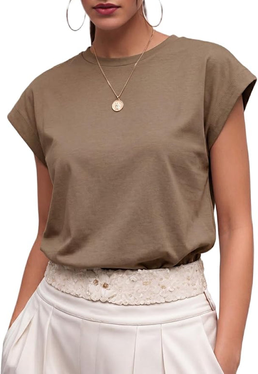 GRECERELLE Womens Summer Tops Cap Sleeve Crew Neck Basic T-Shirt | Everyday Casual Wear, Layering Friendly, Wrinkle-Resistant, Business Casual Ready, Lightweight & Packable, Capsule Wardrobe by GRECERELLE