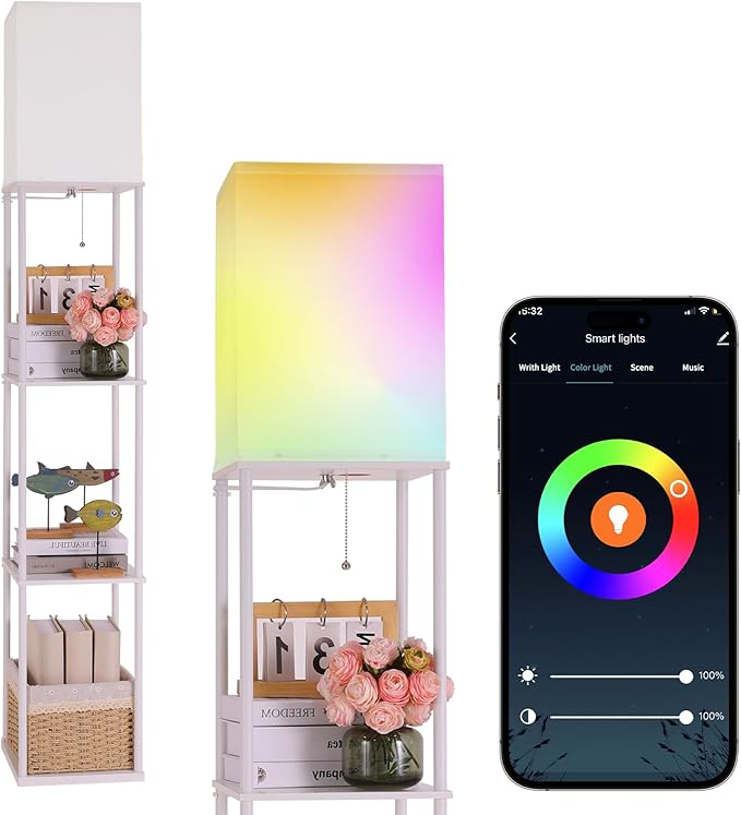 Gupuzm Floor Lamp with Shelves, with Modern Square Standing Lamp with Smart APP Control RGB Bulb, Corner Display Bookshelf Lamp for Living Room, Bedroom and Office (White-9RGB) by GUPUZMproducesandsellslamp