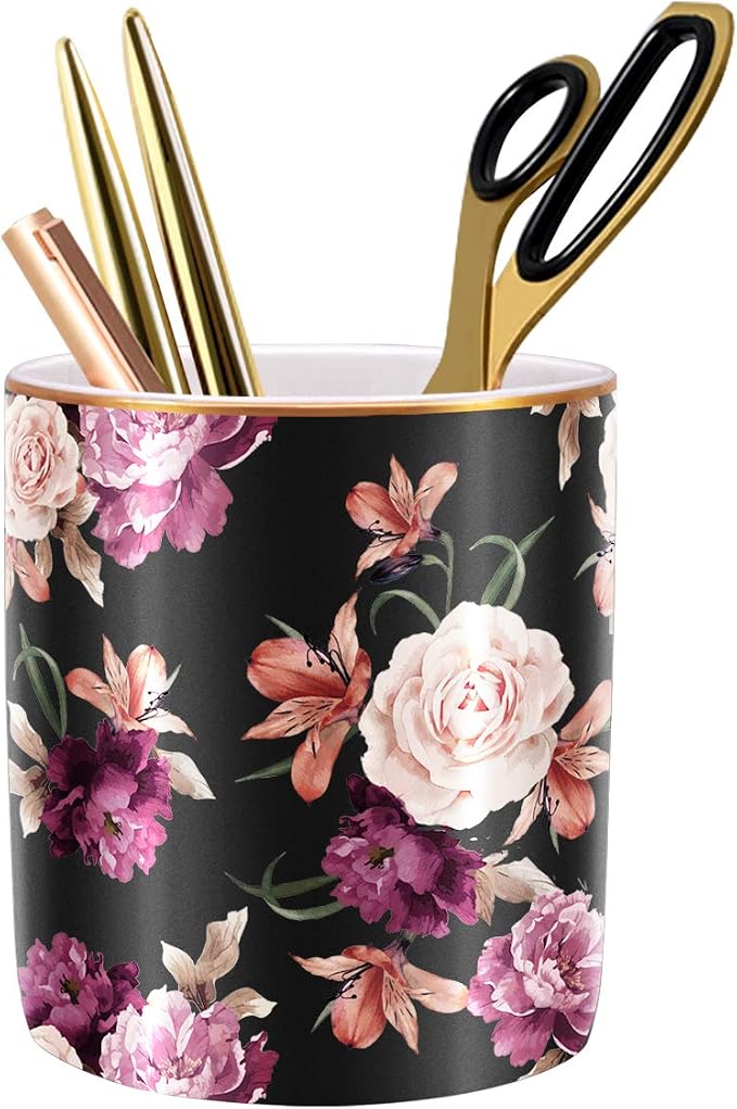 Pen Holder for Desk, Pencil Cup Holder, Cute Floral Makeup Brush Holder Durable Ceramic Flower Design Desk Pencil Organizer for Office, Classroom, Black by WAVEYU