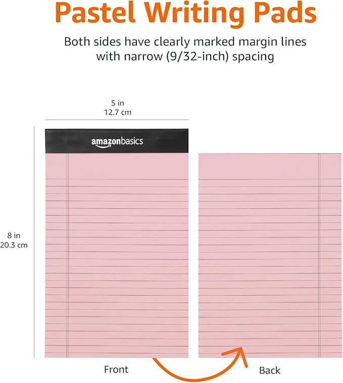 Amazon Basics Narrow Ruled Writing Pads, Perforated, 5" x 8", Multicolor, 6-Pack of 50 Sheets - Image 6