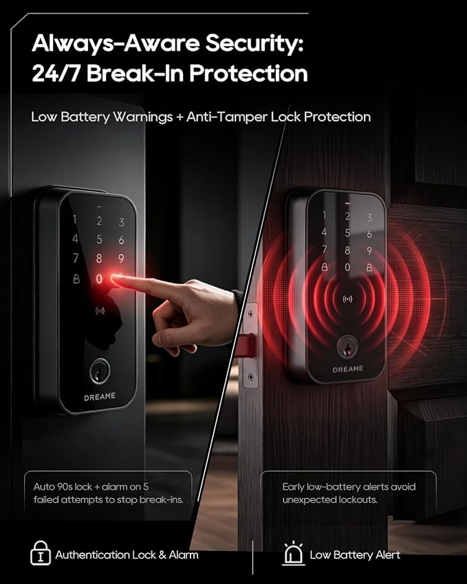 Dreame Turbo Lite Smart Wi-Fi Door Lock, Fingerprint Keyless Entry Deadbolt for Front Door, Built-in Wi-Fi, Keypad Smart Lock, Works with Apple Home, Auto Lock, IP54 Waterproof, 12-Month Battery Life - Image 7