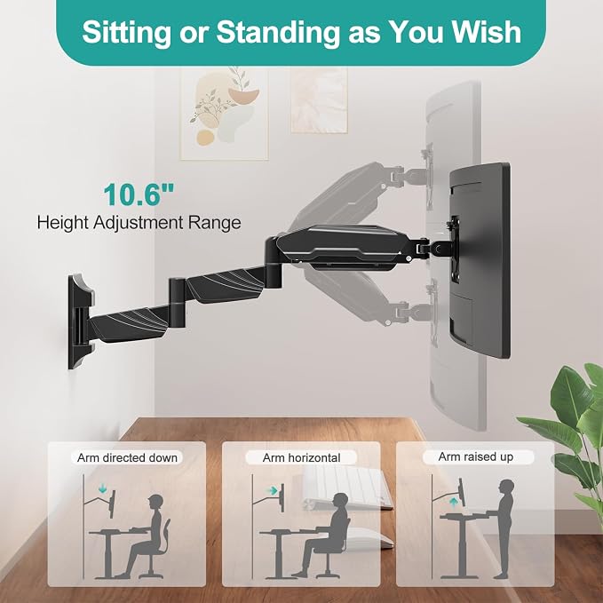 MOUNT PRO Monitor Wall Mount for 13 to 32 inch Computer Screen, Extra Long Adjustable Single Wall Mount Monitor Arm, Full Motion Vesa Wall Bracket 100x100, Hold up to 17.6lbs, Black - Image 2
