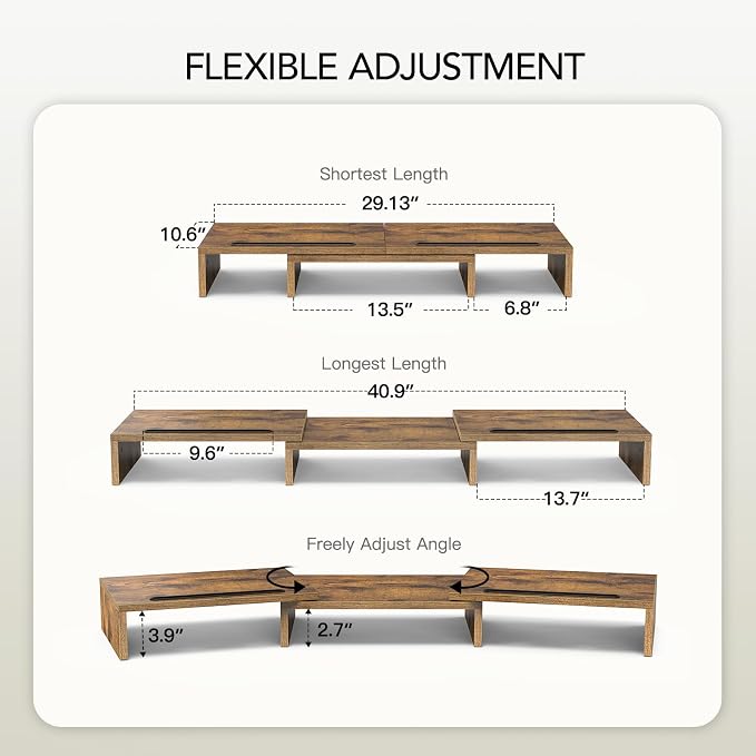AMERIERGO Dual Monitor Stand Riser- 3 Shelf Screen Stand with Adjustable Length and Angle, 2 Extra Functional Slot Desktop Organizer Stand for PC, Computer, Laptop (Rustic Brown) - Image 2