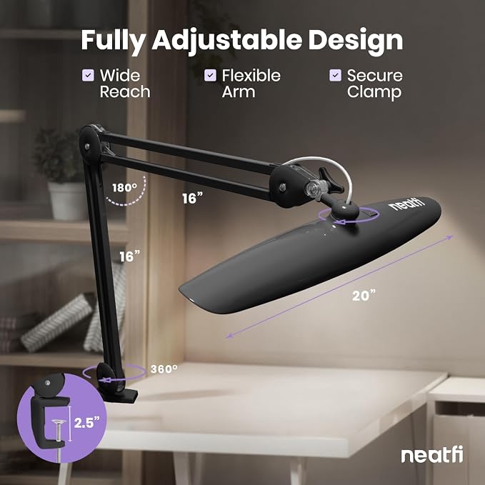 Neatfi XL 2200 Lumens 24W LED Desk Lamp – Shadow-Free Task Lighting | 4-Level Dimming | Home Office & Crafts Use | 20-Inch Wide Head (Space Gray, Non-CCT with Clamp) - Image 7