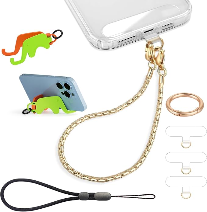 Phone Wrist Strap Metal Phone Chain Lanyard Hand Wristlet Detachable Phones Charm with 3 Tether Tabs with CellPhone Stand Holder Finger Grip Universal for Women Girls Traveling Party Walking Gold by Casecond