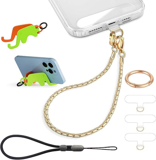 Phone Wrist Strap Metal Phone Chain Lanyard Hand Wristlet Detachable Phones Charm with 3 Tether Tabs with CellPhone Stand Holder Finger Grip Universal for Women Girls Traveling Party Walking Gold by Casecond