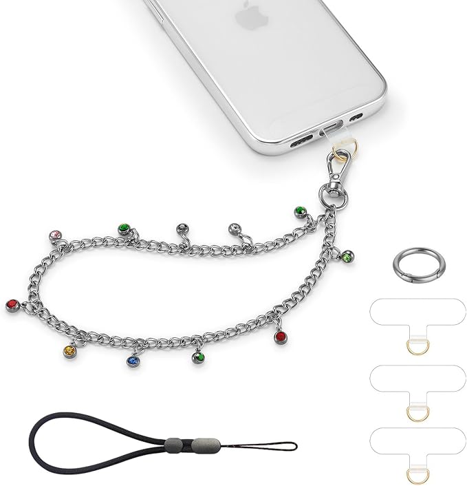 Phone Charm Wrist Strap Silver Metal Chain Detachable Lanyard Hand Wristlet Fashion Shine Finger Grip Anti-drop with 2 Tether Tab for Women Girls Universal for iPhone 16 Pro Max Colorful Gem by Casecond