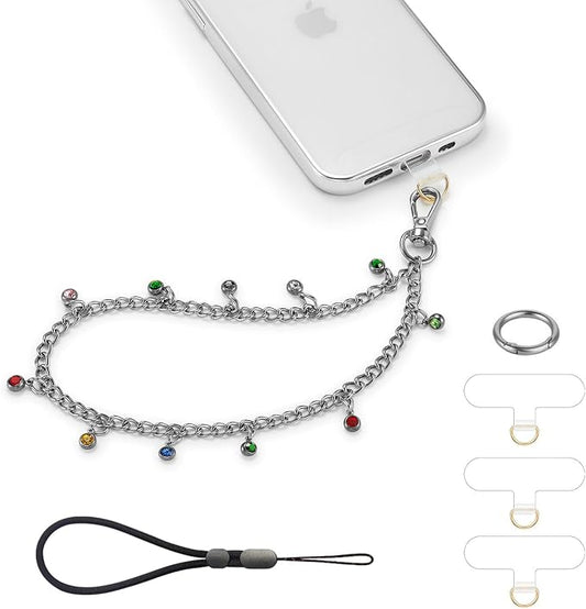 Phone Charm Wrist Strap Silver Metal Chain Detachable Lanyard Hand Wristlet Fashion Shine Finger Grip Anti-drop with 2 Tether Tab for Women Girls Universal for iPhone 16 Pro Max Colorful Gem by Casecond