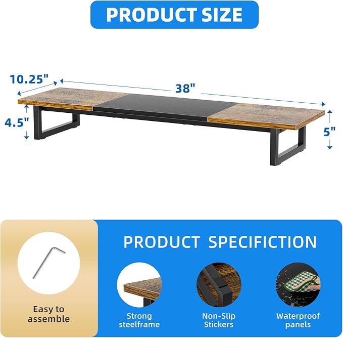 Simple Trending 38 Inch Dual Monitor Stand Riser, Wood and Steel Desk Organizer for 2 Monitors, Home Office, Rustic Brown - Image 3