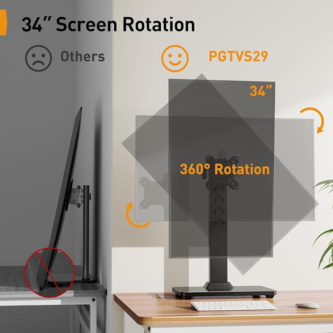 Perlegear Single Monitor Stand for 13–34 inch Screens up to 44 lbs | Heavy-duty steel, swivel, tool-free tilt, 360° rotation, 5 height settings, cable management, max VESA 100x100mm, home office - Image 6