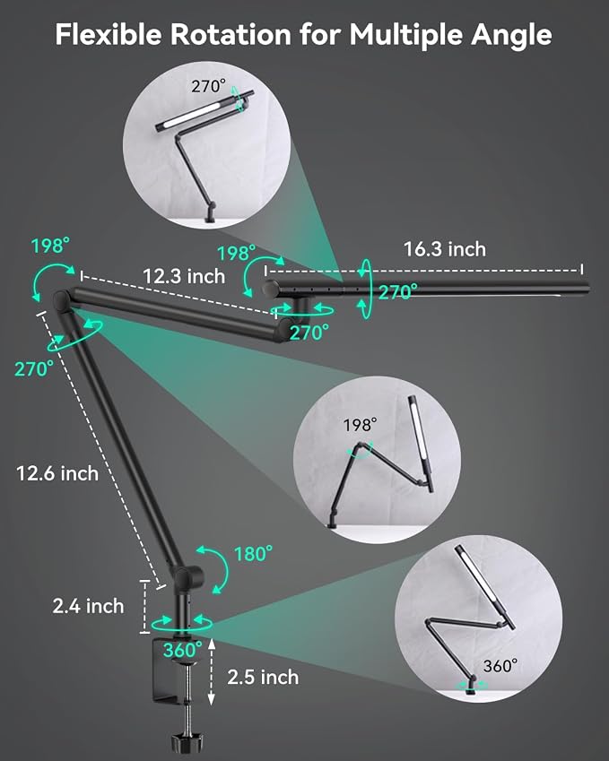 LED Desk Lamp with Clamp, 18W Architect Desk Lamp with Dual Light, Flexible 3 Sections Swing Arm, with RGB Light, with Remote, with Sensor Switch, Stepless Dimming, 4 Color Mode & 5 Brightness - Image 4