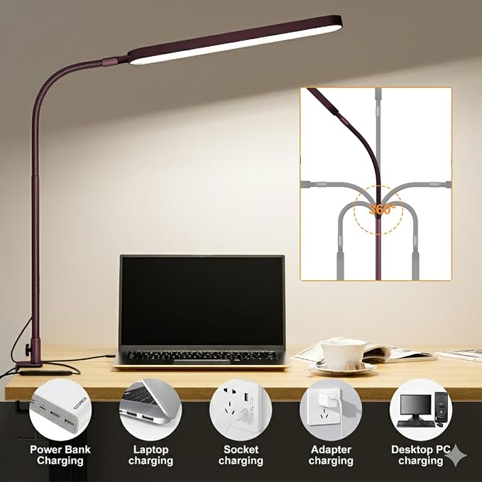 SKYLEO LED Desk Lamp - Desk Light for Home Office - Flexible Gooseneck - 5 Color Modes X 11 Brightness Levels - 1300LM - Timmer & Memory Function - 12W Clip on Light - Red - Image 4