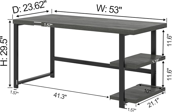 EXCEFUR Industrial Computer Desk, Home Office Desk with Storage Shelves, Wood Study Writing Table for Bedroom, Living Room, Grey, 53 Inch - Image 2