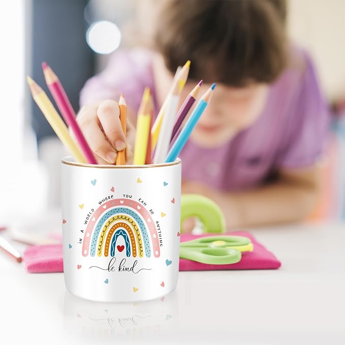 Pen Holder, Ceramic Durable Pencil Cup for Desk， Simple&Modern Style Makeup Organizer, Cute Multifunctional Office Supplies for Home, Kids and School, Rainbow Pattern - Image 2