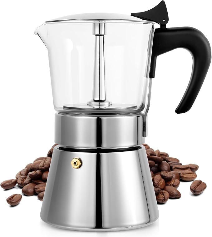 9 Cup 450ml Glass Moka Pot, Stovetop Espresso Maker, Silver | Crystal Glass-top & Stainless Steel Coffee Maker, Induction Compatible, for Greca de Cafe, Cuban and Italian Coffee Brewing by Suiitat