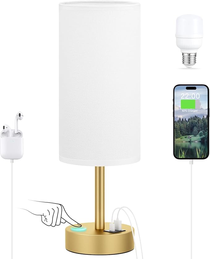 Dicoool Bedside Table Lamp for Bedroom - 3-Way Dimmable Touch Lamp, USB A+C | LED Bulb Included, 14" Small Nightstand Lamp for Desk, Living Room, Guest Room, White Fabric Lampshade, Gold Metal Base by DicooolDirect