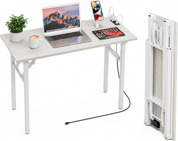 Folding Table Computer Desk - 43.3" No Assembly Folding Desk with Power Outlets & USB Charging Port, Small Desk, Foldable Office Desk, Compact Storage Portable Use for Small Space, White Ash by HMFOR