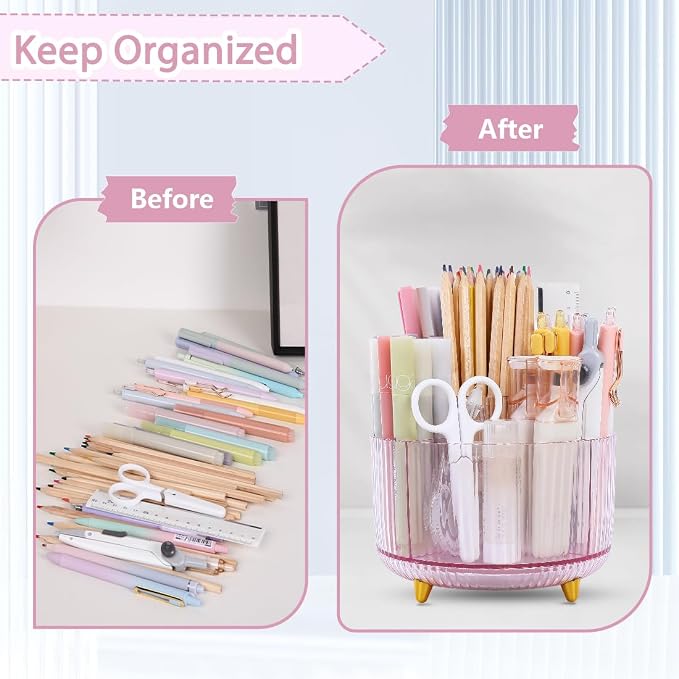 SKYDUE Rotating Pencil Pen Holder, Pen Organizer with 5 Slots - Aesthetic Desk Organizer and Accessories for School, Home, Office Supplies - Image 4