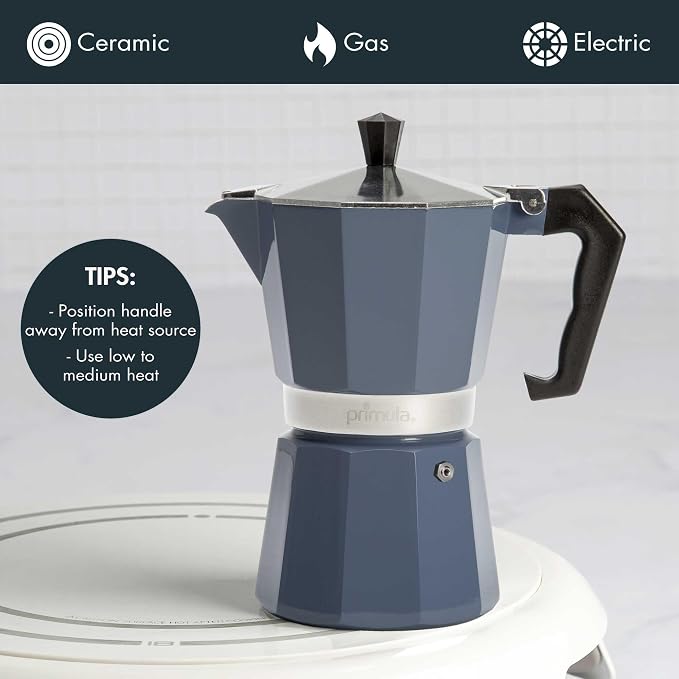 Primula Classic Moka Pot Stovetop Espresso and Coffee Maker, Italian and Cuban Cafetera for Rich Espresso Brewing, Durable Aluminum Greca Coffee Maker with Easy Grip Handle, 6-Cup, Blue - Image 3