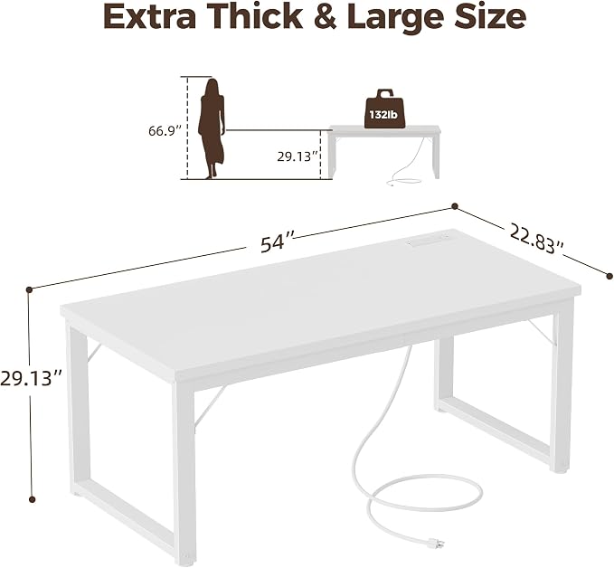 Mericonia 54 Inch Computer Desk with Power Outlets, 1.2" Thick Office Table | Modern Simple Style, Heavy Duty Industrial Frame, Study & Writing Table for Home Bedroom Work, White - Image 2