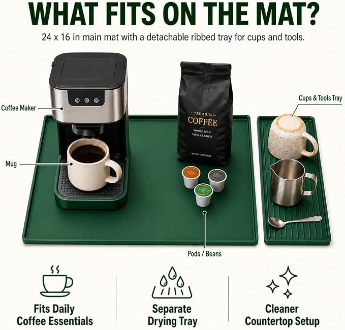 Silicone Coffee Mat 24 x 16 in with Tray, Deep Forest Green | Coffee bar mat for countertop use, coffee station mat or coffee machine mat with removable tray and 0.47 in raised rim. - Image 4