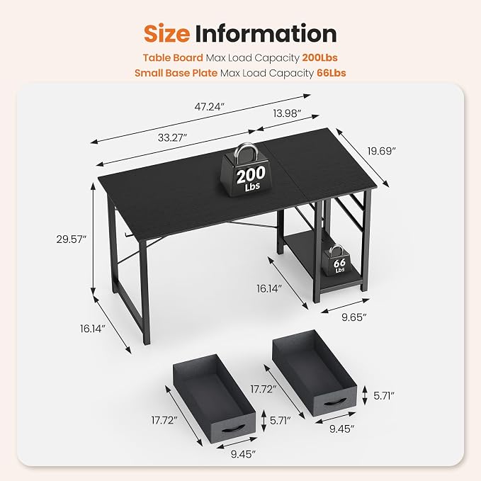 Sweetcrispy 40-Inch Computer Desk with Drawers, Office Desk, Black | Small Desk for Bedroom Home Office with Side Hook, Modern Simple desk with storage for Writing - Image 3