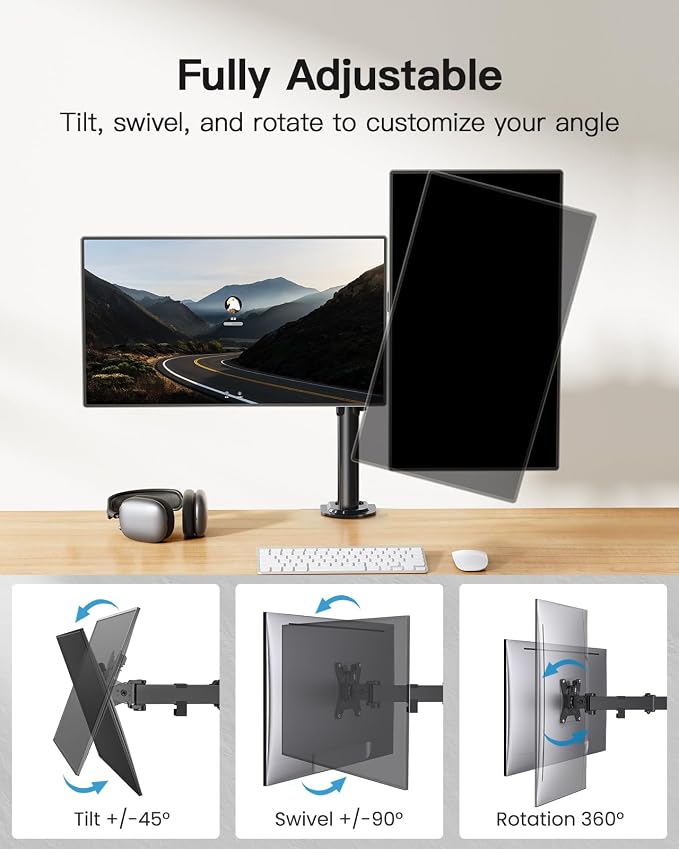 HUANUO Dual Monitor Mount for 2 Monitors up to 32 inches, Heavy Duty Dual Monitor Stand Holds up to17.6lbs, Dual Monitor Arm with Height Adjustable Tilt Swive Rotate, VESA Hole 75mm or 100mm - Image 3