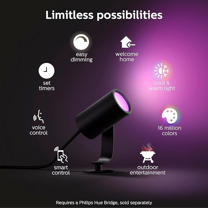 Philips Hue Lily Outdoor Smart LED Spotlight - White & Color Ambiance - Low Voltage Landscape Lighting - 1 Pack - Requires Bridge and Power Supply - Control with App and Voice - Weatherproof - Image 3