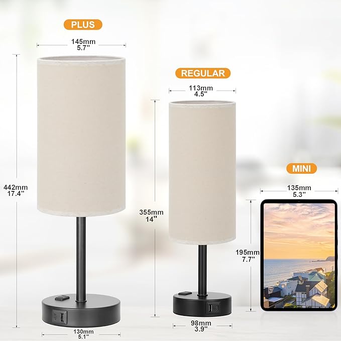 Fenmzee Touch Table Lamp - Beige, 3-Way Dimmable, USB A + C Charging, AC Outlet, 17.4inch Medium, Black Metal Base - Image 2