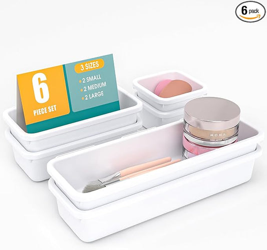 6 PCS Drawer Organizer Set, 3 Size Makeup Drawer Divider Organizer With Non-Slip Pads, Interlocking Plastic Storage Bins for Office,Jewelry Vanity,Gadgets, Bathroom,Kitchen, White by StoreHappily
