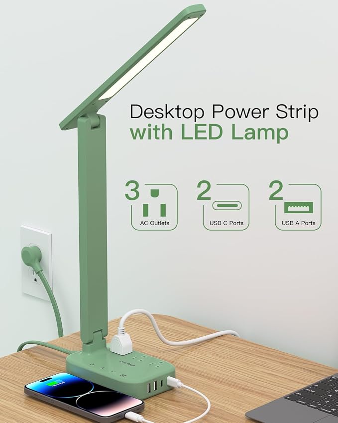 LED Desk Lamp Power Strip with 4 USB 3 Outlets, Dorm Room Essentials, Green | One Beat 4 Modes 5 Level Brightness Touch Lamp, Small Desk Lamp for Home Office College Dorm Essentials, Study Reading Light - Image 2