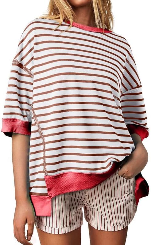 SHEWIN Womens Tops Casual Short Sleeve Sweatshirt Crewneck Striped Shirt Pullover T Shirts Loose Blouses - Image 4