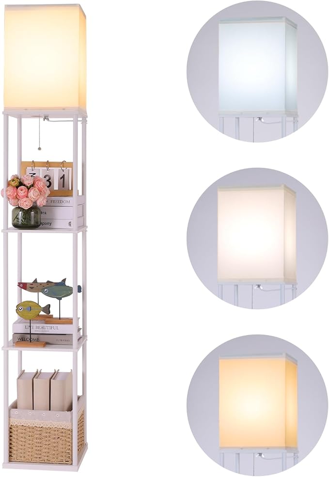 Gupuzm Floor Lamp with Shelves, Modern Square Standing Lamp with 3 Color Temperature Bulb, Corner Display Bookshelf Lamp for Living Room, Bedroom and Office（White） by GUPUZMproducesandsellslamp