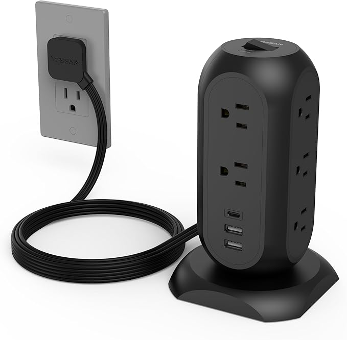 TESSAN Tower Power Strip Flat Plug with 1050J Surge Protection, 6 Ft, Black | 11 Outlets 3 USB (1 USB C), Surge Protector Power Tower, Extension Cord with Multiple Outlets, Dorm, Office Desk Supplies by TESSAN