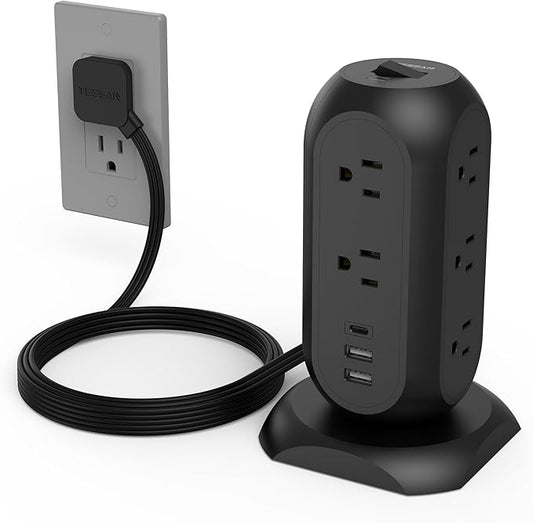 TESSAN Tower Power Strip Flat Plug with 1050J Surge Protection, 6 Ft, Black | 11 Outlets 3 USB (1 USB C), Surge Protector Power Tower, Extension Cord with Multiple Outlets, Dorm, Office Desk Supplies by TESSAN