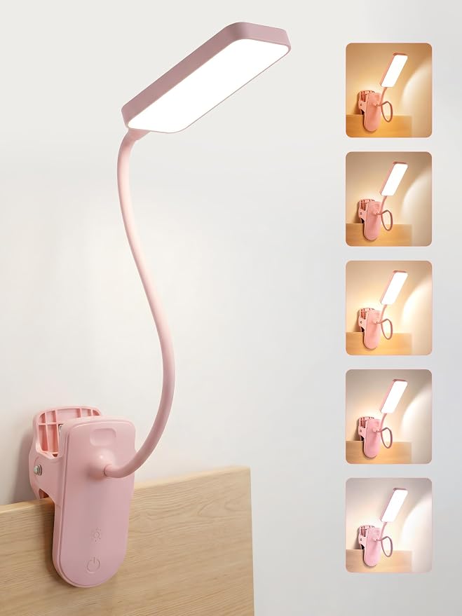 Pink Desk Lamp for Dorm Lamp, 9 Brightness+5 Color Clip on Light, Cute Lamp | 4000mAh Battery Rechargeable, Small Pink Lamp for Girls/Kids, Cordless Clip on Reading Light for Bed/Headboard/Bedside Table by Unknown