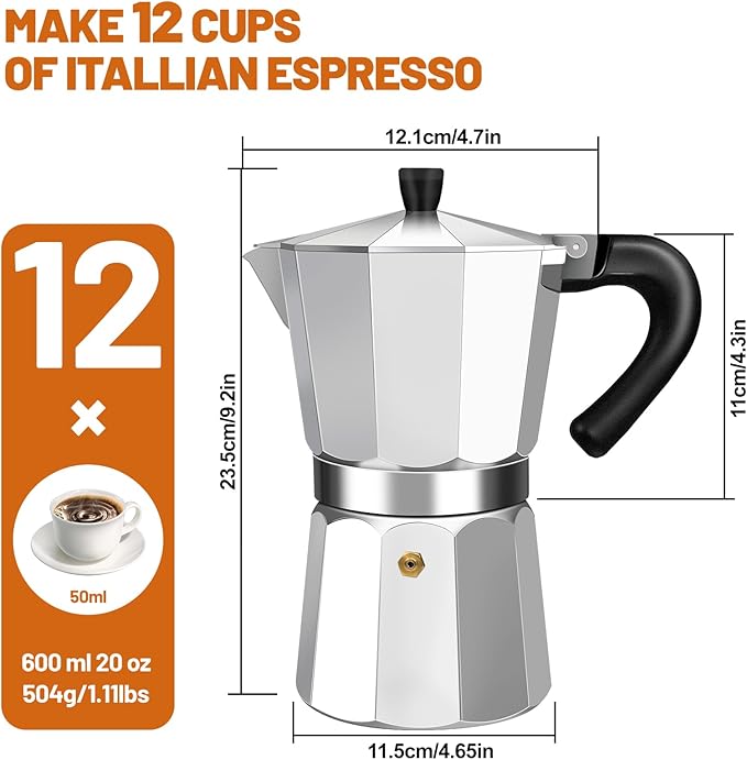 12 Cup Aluminum Espresso Stovetop Moka Pot Express Coffee Maker Percolator Italian Classic Mocha Coffee Machine for Italian and Cuban Cafe Brewing for Home & Camping 600ml 20oz - Image 2