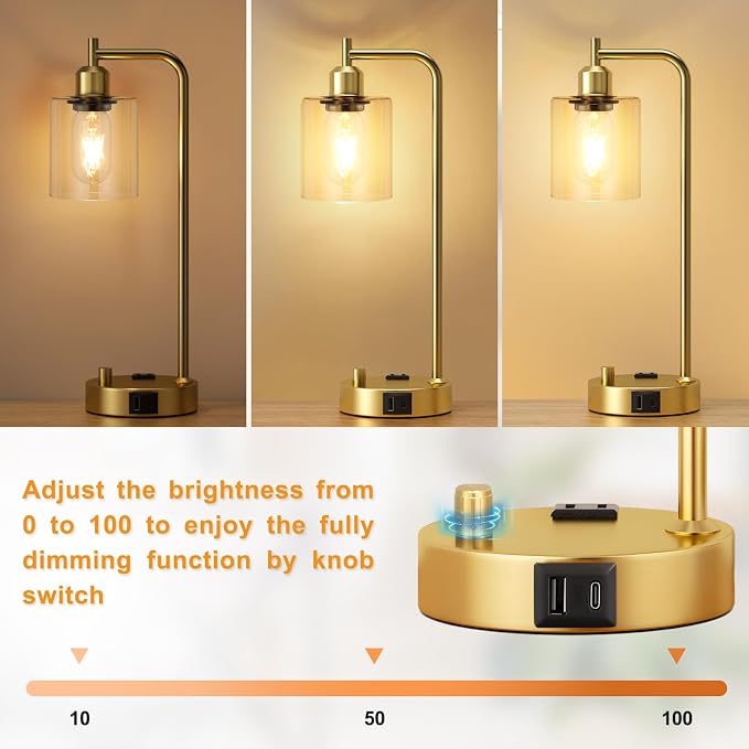 Innqoo Industrial Table Lamp for Bedroom Set of 2 - Fully Dimmable Bedside Lamps with USB Ports and Outlet, Gold Nightstand Lamps with Clear Glass Shade for Living Room, Desk Lamps for Office Reading - Image 2