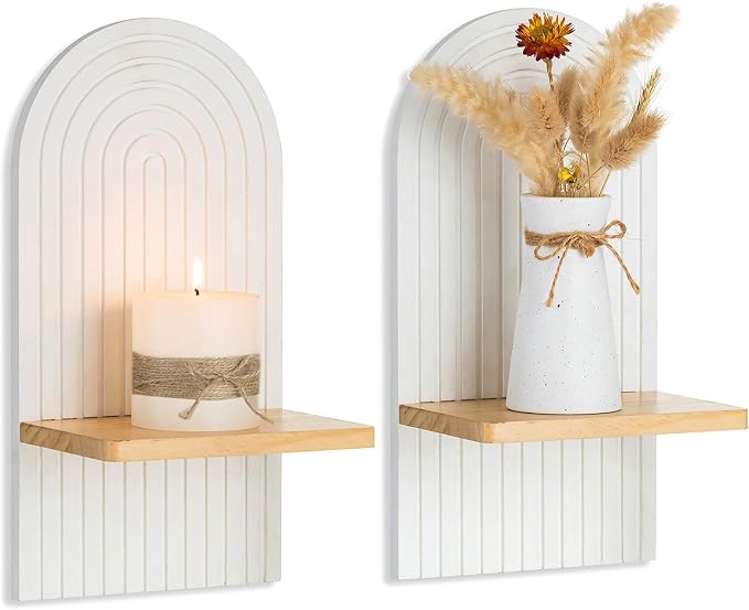 Boho Wall Candle Holder Set of 2 with White Arched 3D Design | Mid-century Candle Sconces, Soild Wood, Modern Minimalist, for Pillar, Plants, Bohemian Art Decor, Beside Fireplace and TV by Walasis