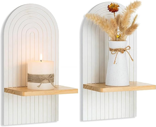Boho Wall Candle Holder Set of 2 with White Arched 3D Design | Mid-century Candle Sconces, Soild Wood, Modern Minimalist, for Pillar, Plants, Bohemian Art Decor, Beside Fireplace and TV by Walasis