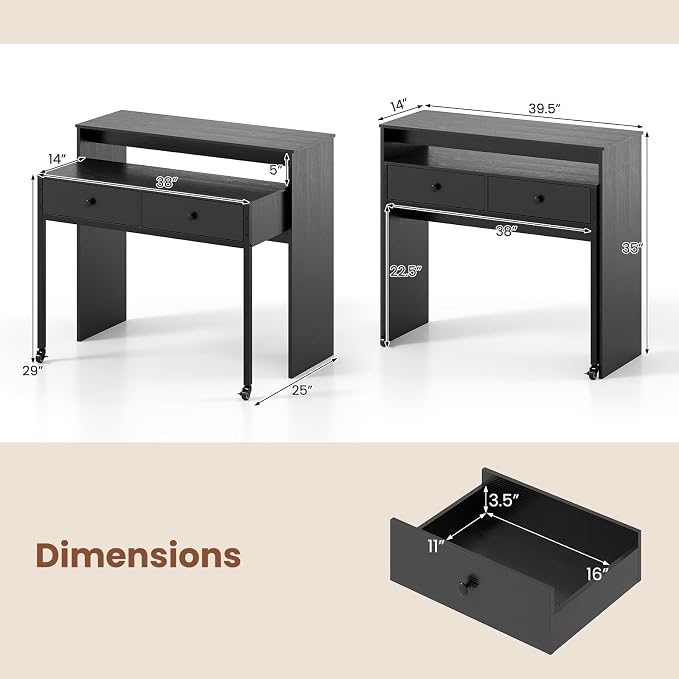 Giantex Small Computer Desk with Hutch & Drawers, Extendable Writing Desk w/Pull Out Secondary Table, Monitor Stand & Rolling Wheels, Console Table, Compact Desk for Small Spaces, Home Office (Black) - Image 3