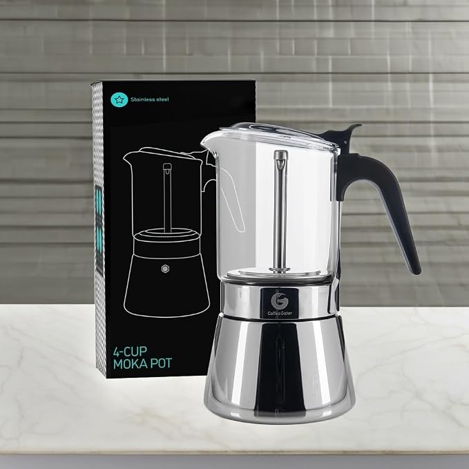 Coffee Gator 4 Cup Moka Pot, 6.7oz Stovetop Espresso Maker for Italian Coffee, Transparent Glass & Stainless Steel Design, Silver, 200ml - Image 5