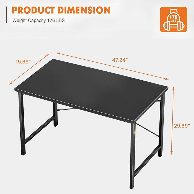 Sweetcrispy Small Computer Desk, 47" Office Writing Desk with Metal Frame & Wooden Top, X-Shaped Reinforcement, Student Study Workstation for Home Bedroom, Black - Image 3
