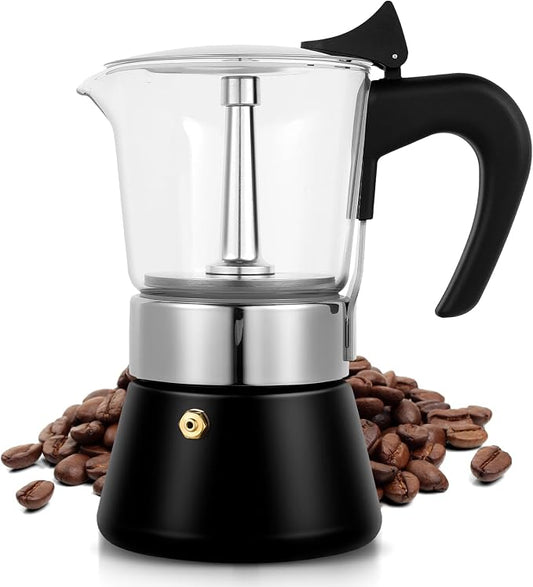 6 Cup 300ml Glass Moka Pot, Stovetop Espresso Maker, Black | Crystal Glass-top & Stainless Steel Coffee Maker, Induction Compatible, for Greca de Cafe, Cuban and Italian Coffee Brewing by Suiitat