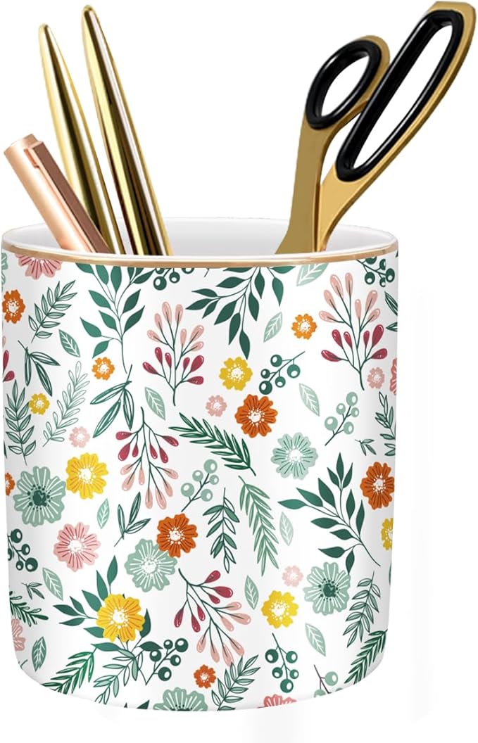 Desk Pen and Pencil Holder, Ceramic Multifunctional Organizer for Home, Office, and School, Green Floral Pattern by WAVEYU