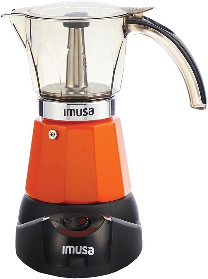 IMUSA 6 or 3 Cup Electric Espresso Maker with Cool-Touch Handle, Orange | Bare Aluminum Finish, Cool-Touch Handle with Visual Indicator, Makes Espresso, Ideal for Everyday Use and Gifts by VisitIMUSA
