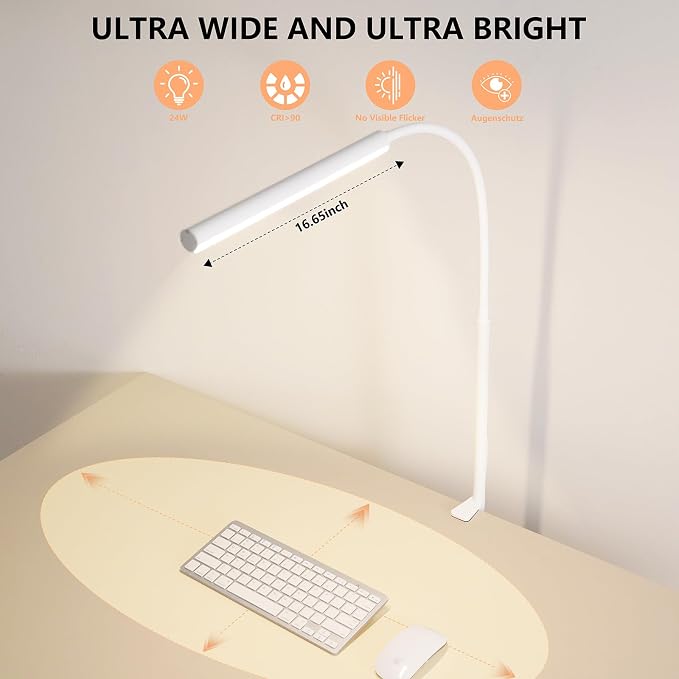 LED Desk Lamp for Office Home, Adjustable Flexible Eye-Caring Desk Light with,5 Modes 10 Brightness Adjustment, USB Adapter Desk Lamp with Clamp-LK-W - Image 4