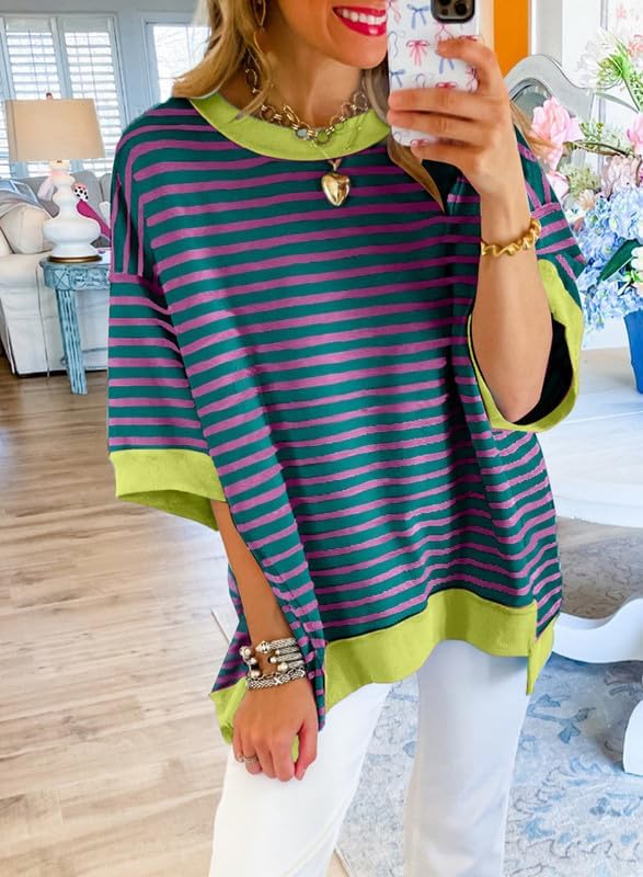 SHEWIN Womens Tops Casual Short Sleeve Sweatshirt Crewneck Striped Shirt Pullover T Shirts Loose Blouses - Image 2